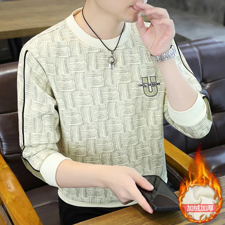 加绒加厚卫衣男秋冬季新款时尚刺绣提花打底衫圆领简约潮流冬装男