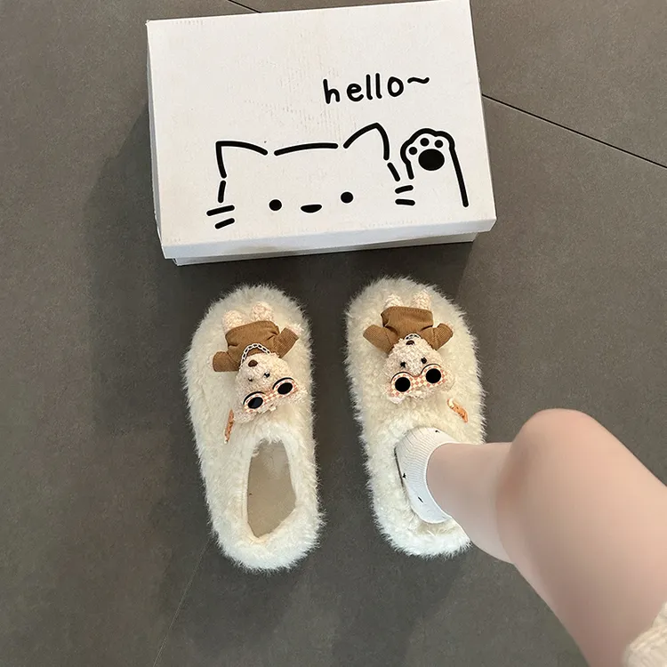 韩版可爱卡通小熊居家毛毛拖鞋女2025新网红秋纯色毛拖鞋包头拖鞋