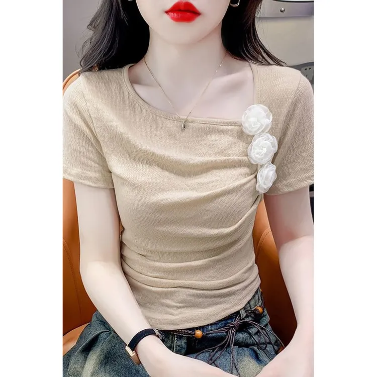 夏季新款纯欲风花朵立体装饰设计感修身T恤短款短袖