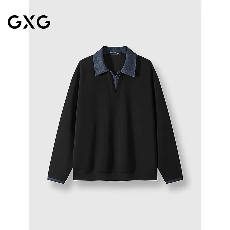 25年秋季新品GXG男装 假两件拼接领口学院风翻领卫衣#G25D314210