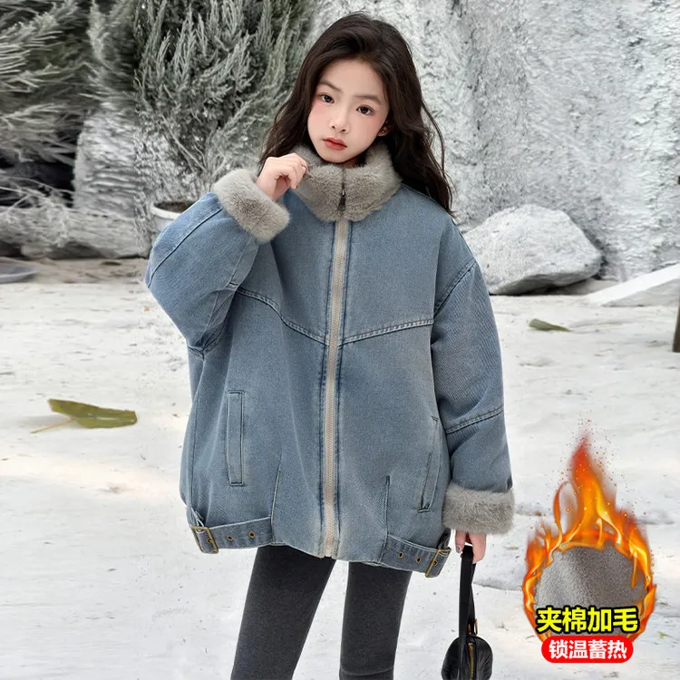 女童加绒派克服冬季新款7-15岁中大童加厚牛仔外套女孩洋气棉衣潮
