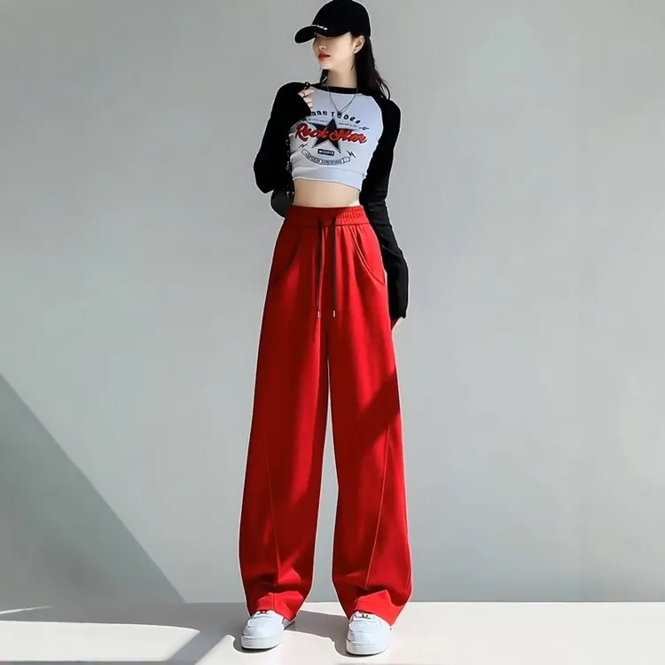 大红色女式弯刀裤加绒加厚保暖休闲运动女秋冬高腰显瘦香蕉裤子