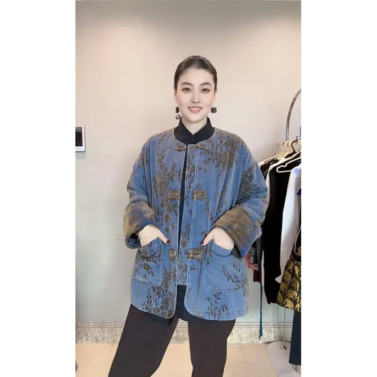 3631｛秋阳暖风｝.新中式高端定制植绒牛仔夹棉加厚宽松新款厚外套