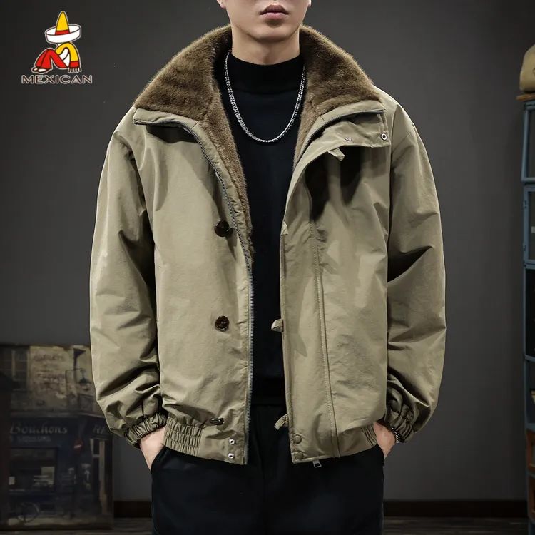 Mexican/稻草人美式复古双面穿棉服男款冬季加绒加厚棉衣毛领外套