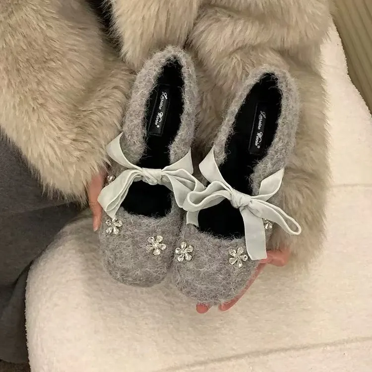 小香风加绒毛毛水钻玛丽珍鞋女一字扣秋冬新款内增高豆豆鞋晚晚鞋