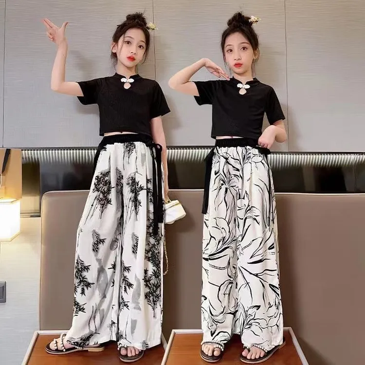 女童夏装复古套装2025新款儿童中国风洋气中大童夏季水墨画两件套