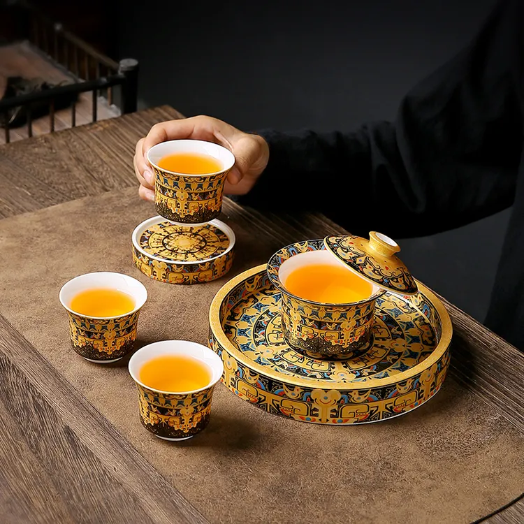 唐卡悬停三才盖碗家用陶瓷旋转泡茶碗敬茶碗高档礼品功夫茶具茶杯