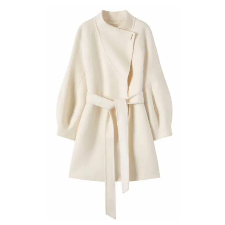 KALUOLAI/卡洛莱韩系泡泡袖双面羊毛大衣女2025秋冬新款毛呢外套