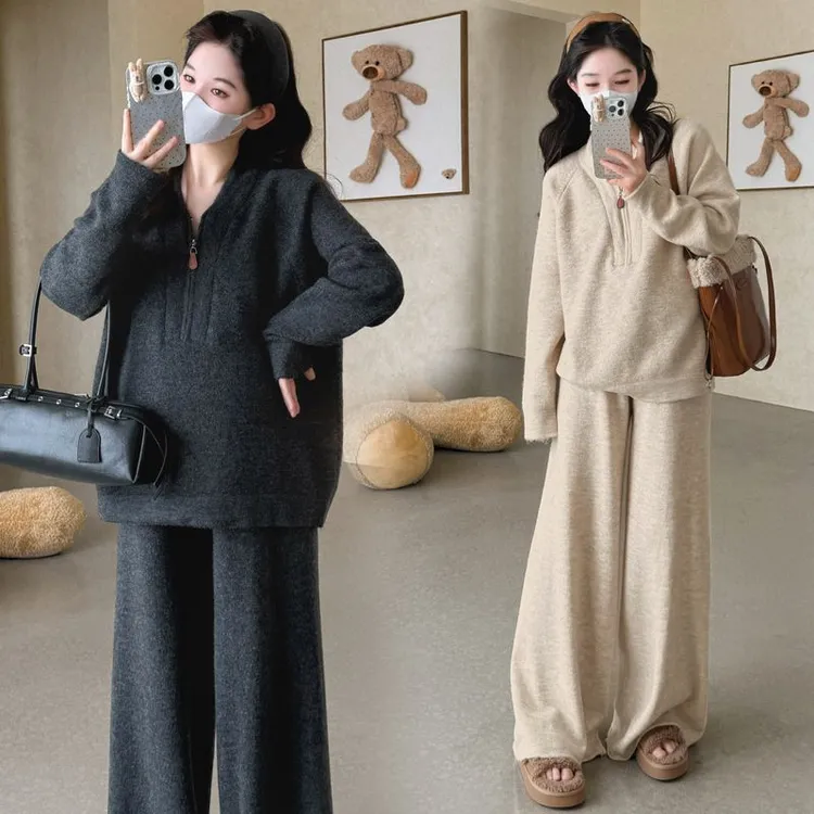 孕妇秋冬软糯亲肤拉链时尚立领套装宽松休闲阔腿裤套装洋气显瘦