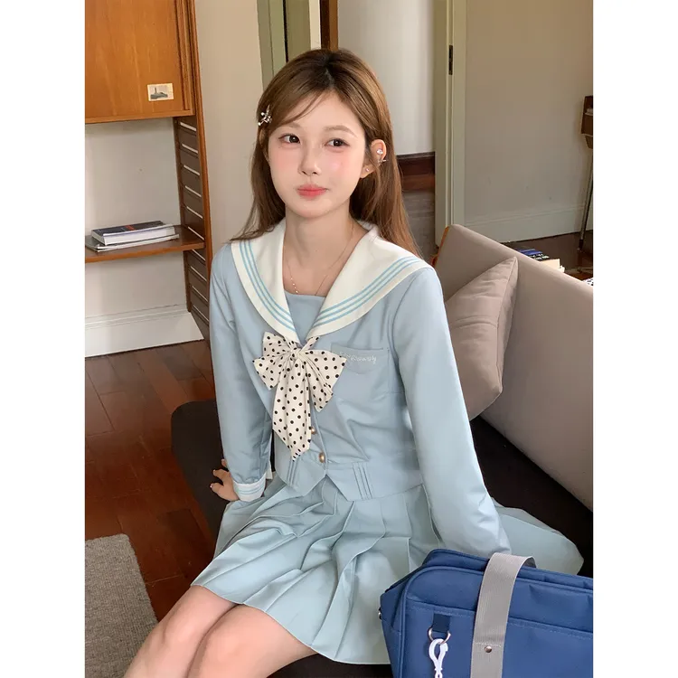 东京岁时记jk制服套装薄荷绿撞奶白水手服小个子女修身长袖上衣