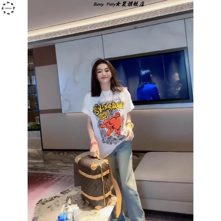 2025夏季新款字母印花纯棉圆领短袖T恤女宽松显瘦百搭打底上衣