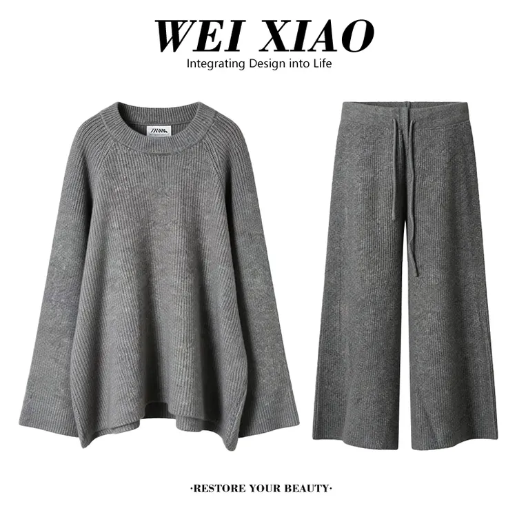 韩版软糯慵懒风针织套装秋冬新款温柔圆领套头毛衣阔腿裤两件套女