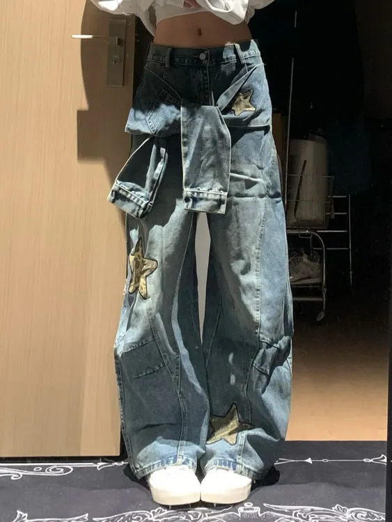 美式复古设计感星星刺绣牛仔裤女秋季街头豹纹贴布直筒阔腿拖地裤