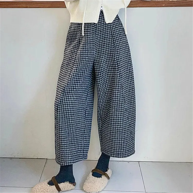 千鸟格羊绒毛呢弯刀裤女欧洲站冬装显示新款欧货女装休闲九分裤子