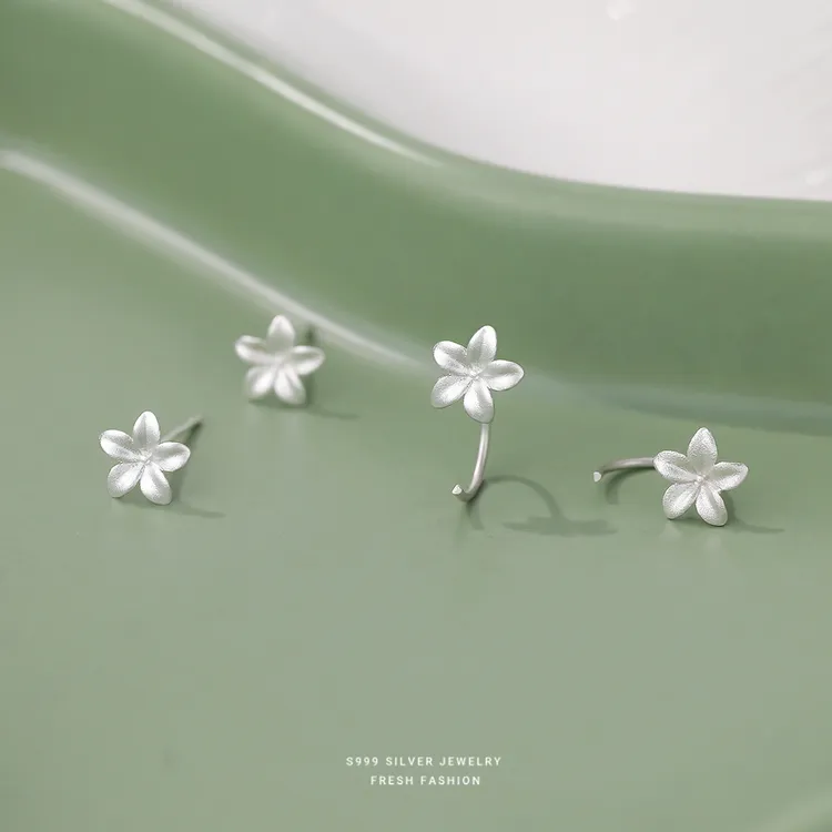 足银耳饰 栀子花耳钉女999纯银森系小清新气质百搭花朵耳钩足银耳
