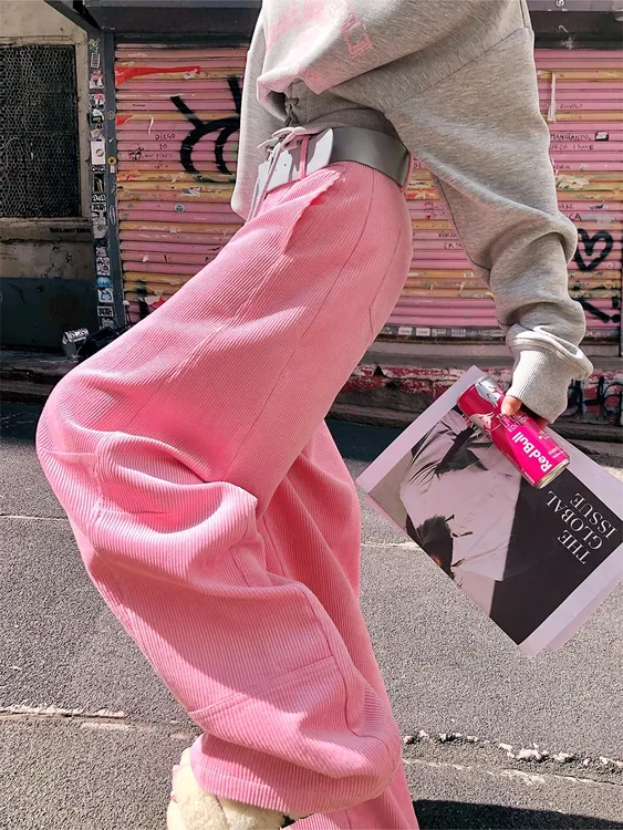 2025秋装新款粉色灯芯绒时尚显瘦宽松休闲阔腿直筒长裤