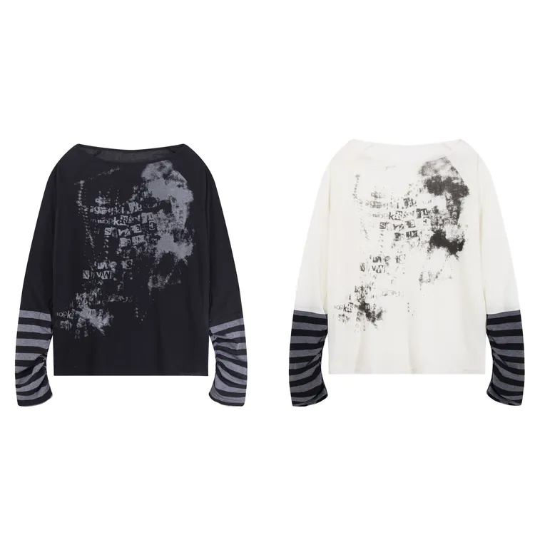 美式轻亚风朋克印花薄款罩衫女慵懒风宽松假两件长袖