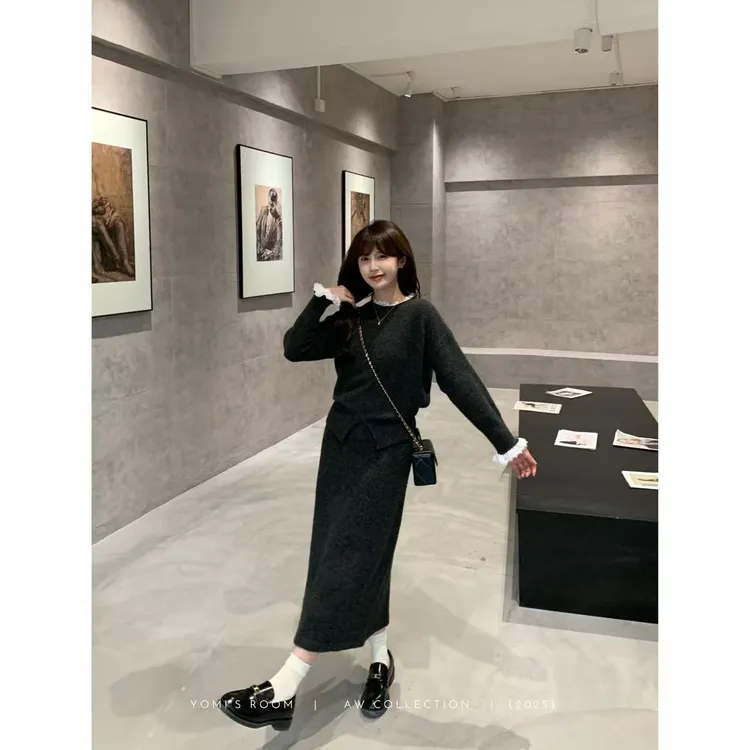YOMI小个子【奥法庄园】绵羊毛蕾丝拼接套装气质休闲冬季显白显瘦