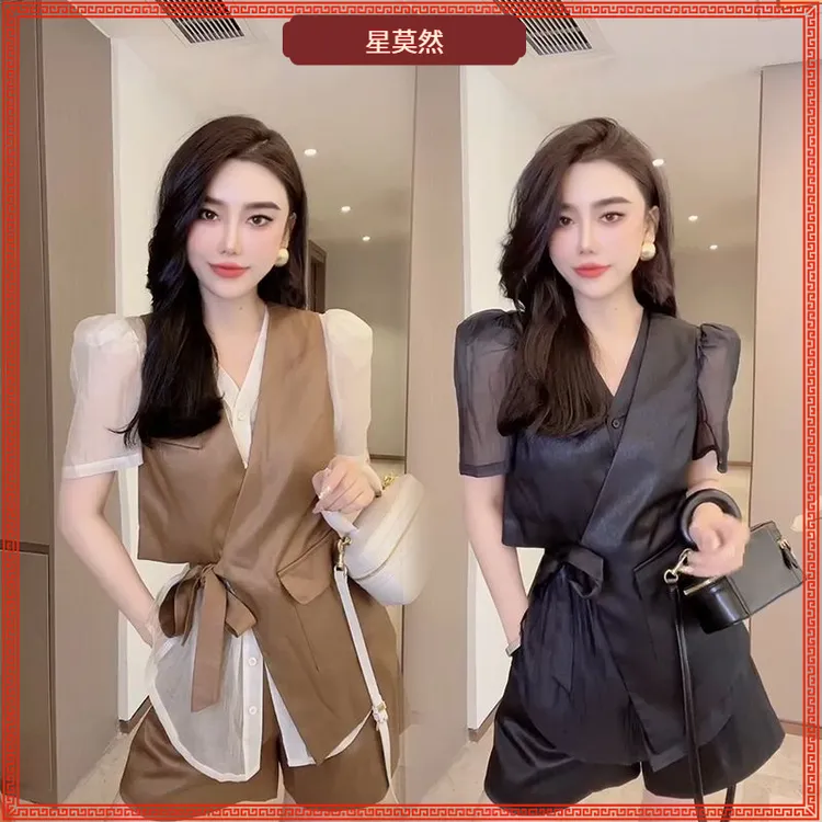I2025气场御姐范三件套时尚不规则绑带马甲+薄款衬衫阔腿短裤II