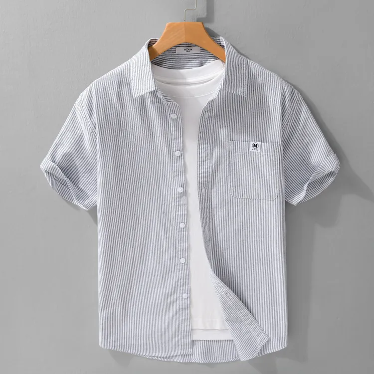 纯棉夏季韩版男装爆款条纹短袖衬衫潮流休闲宽松百搭新款半袖衬衣