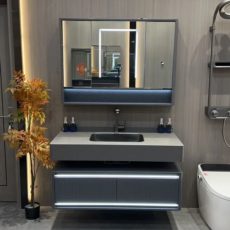 轻奢酒店款浴室柜折叠隐藏镜实木烤漆通体岩板陶瓷无缝一体圆角盆