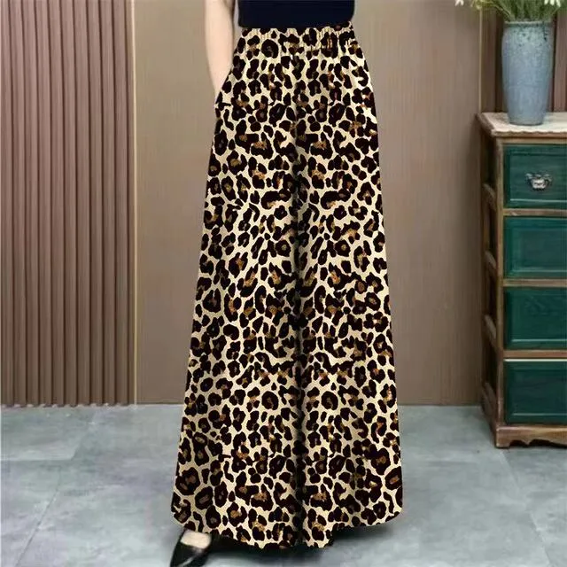 夏季冰丝裤裙女2025新款宽松时尚休闲豹纹裤子洋气减龄垂坠感长裤