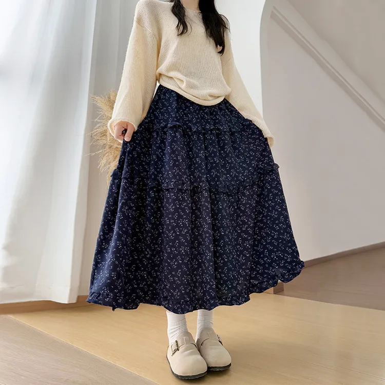 春秋爆款韩系慵懒风半身裙女高腰显瘦A字中长裙复古碎花森系伞裙
