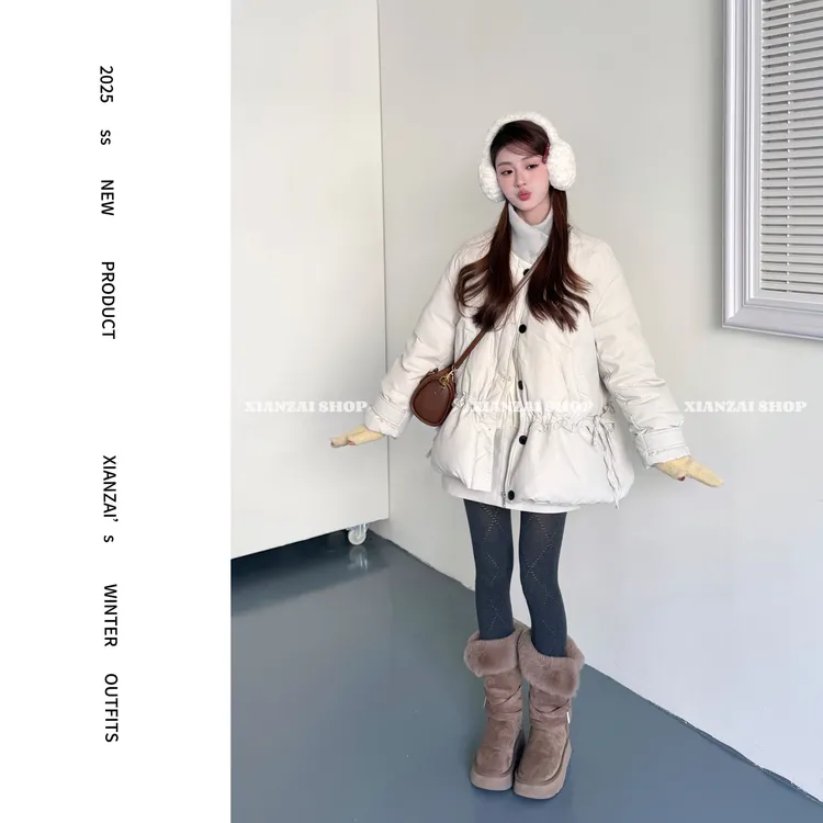 XIANZAI【妹宝】冬季新款针织立领抽绳收腰羽绒服外套短裙两件套装