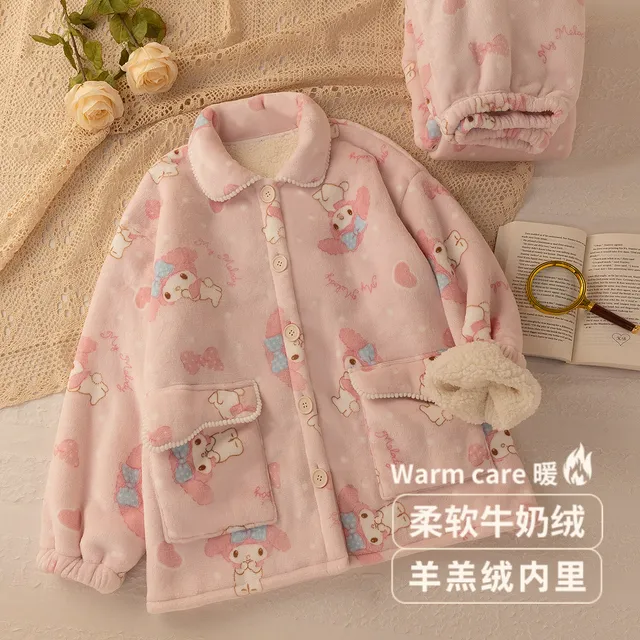 【双层加厚】羊羔绒内里复合睡衣女秋冬季美乐蒂珊瑚牛奶绒家居服