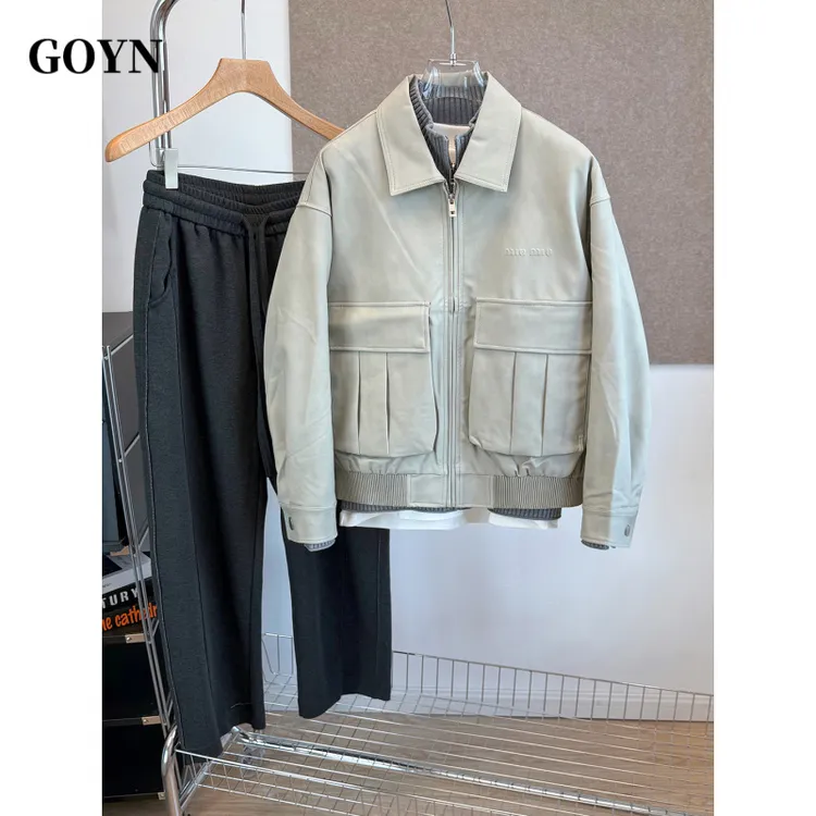GOYN2025秋季新款翻领皮衣男士修身百搭字母休闲男装时尚夹克外套