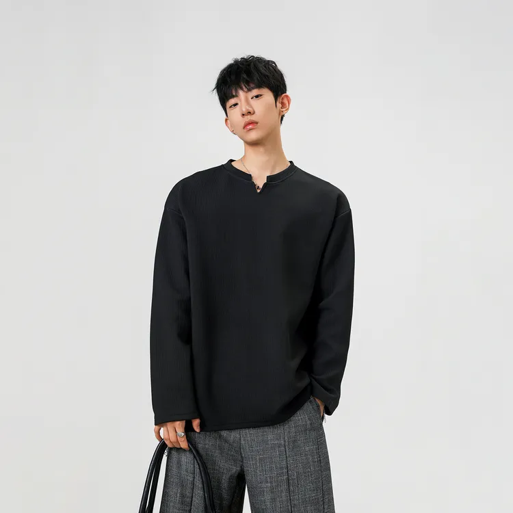 muxiaofei/慕小菲【早秋风】美式春秋潮牌肌理感卫衣百搭V领打底衫