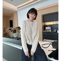 秋冬韩版时尚圆领镂空编织宽松显瘦百搭长袖针织衫