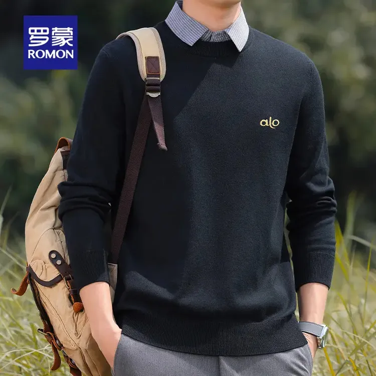 罗蒙2025秋季衬衫领针织衫男士含羊毛加厚保暖毛衣休闲刺绣假两件