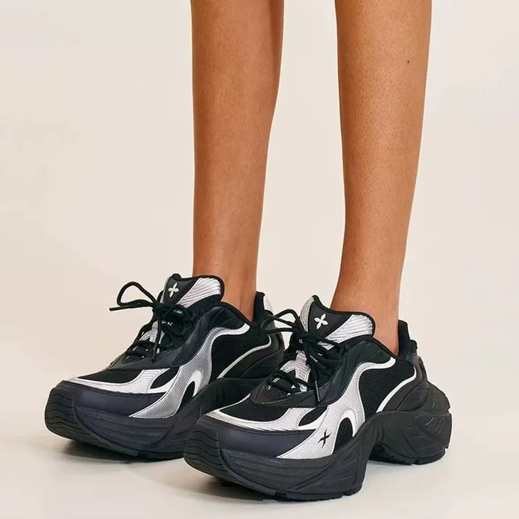 时尚幻影慢跑鞋女鞋SN011B黑银撞色十字花轻便运动网面休闲鞋