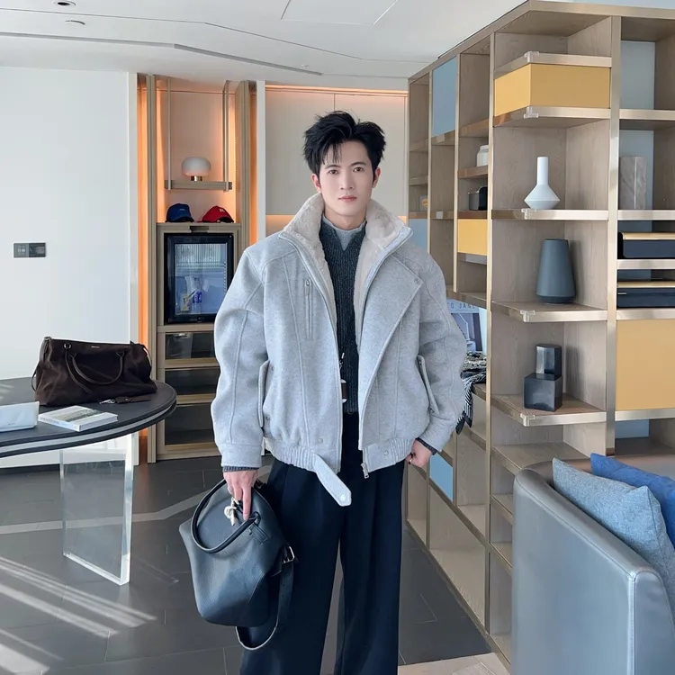 绵羊毛呢子冬季假两件羽绒服男款高级感立领90白鸭绒加厚保暖外套