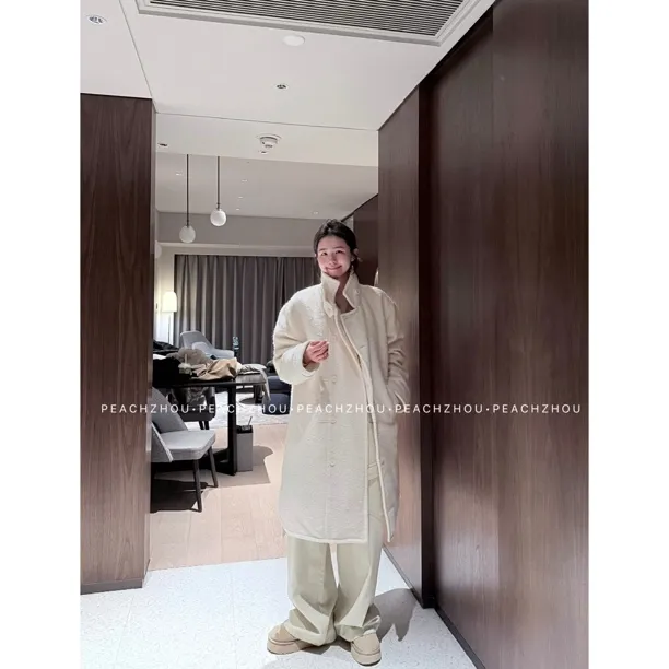 PEACHZHOU 天然圈圈羊毛A摆宽松可调节翻立领中长款毛呢棉服外套