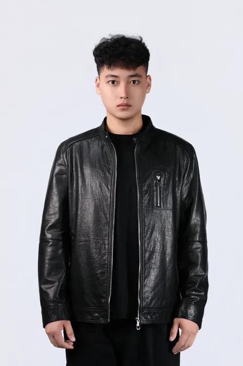 秋季新款油蜡牛皮商务休闲秋冬男士皮夹克立领浙江海宁真皮男装