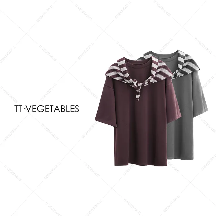 TT・VEGETABLES【序白】茅迢 短袖纯色上衣条纹气质上装521611