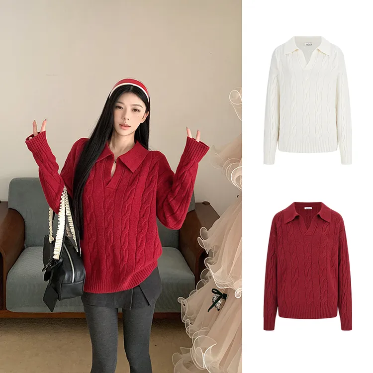 Moses Queen/魔西女王红色纹理毛衣圣诞上衣慵懒Polo针织衫V领韩