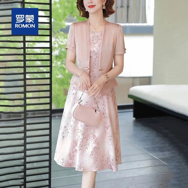 罗蒙妈妈夏装洋气小衫连衣裙套装中老年女装宽松休闲气质两件套
