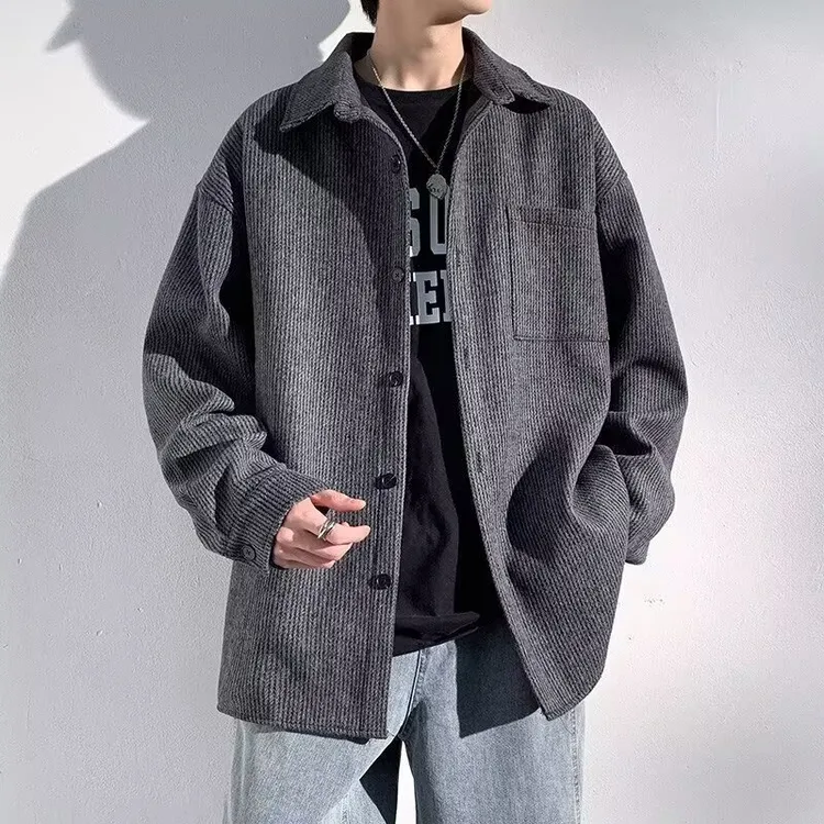 休闲大码复古纯色粗条绒灯芯绒衬衫男士青年长袖衬衣外套春秋夹克