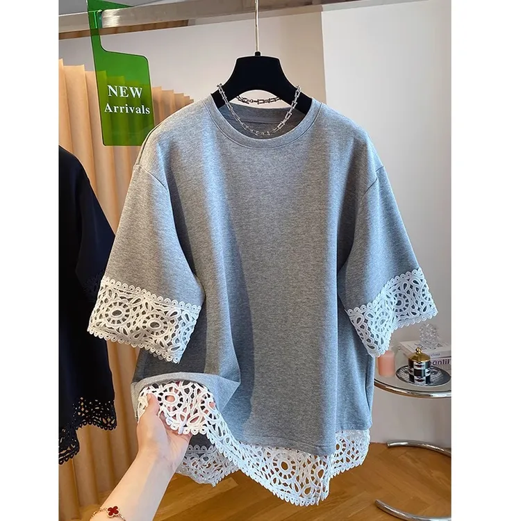 胖妹妹240斤大码别致设计感镂空蕾丝边短袖上衣女夏季宽松百搭T恤