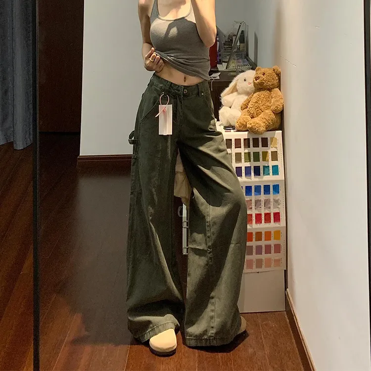 美式复古低腰水洗辣妹工装牛仔裤女夏季新款休闲新款宽松直筒长裤