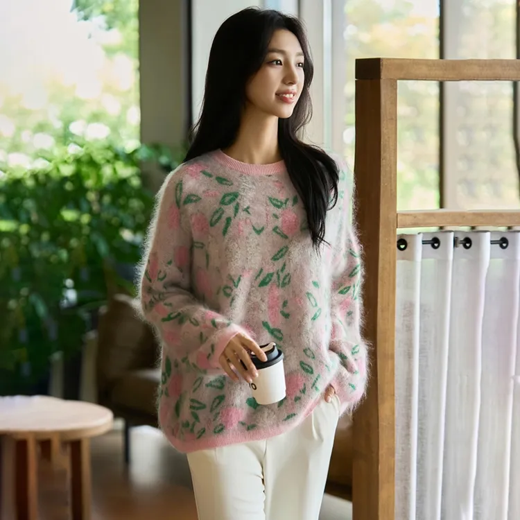 秋冬季加厚羊毛衫女郁金香提花拉绒圆领毛衣宽松慵懒风上衣NS5189