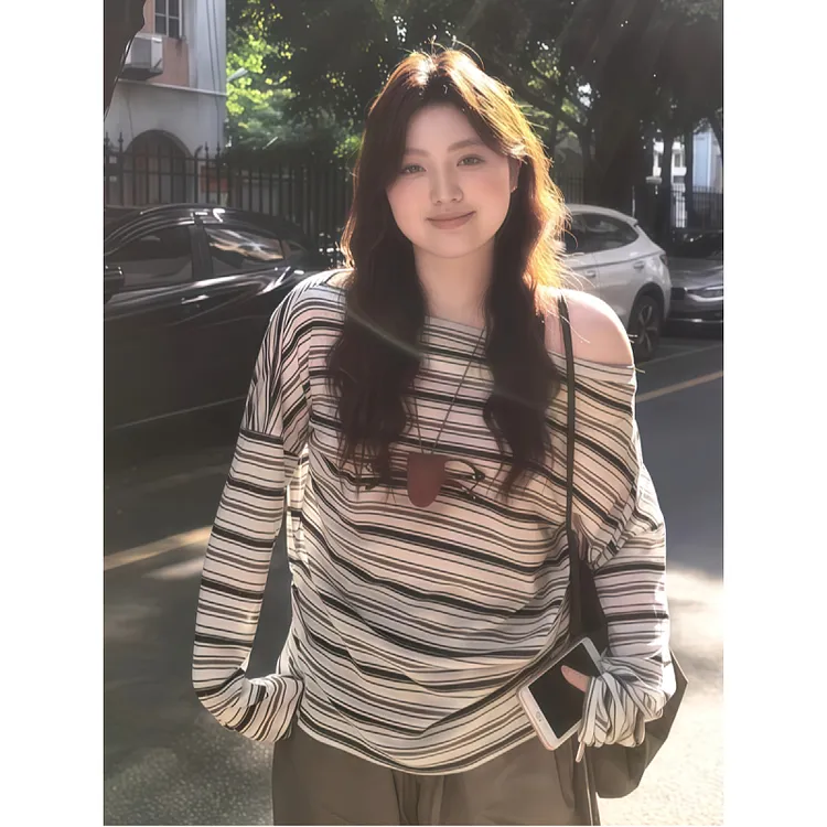 大码胖MM韩系辣妹设计感斜肩条纹T恤女2025早秋显瘦绝美长袖上衣