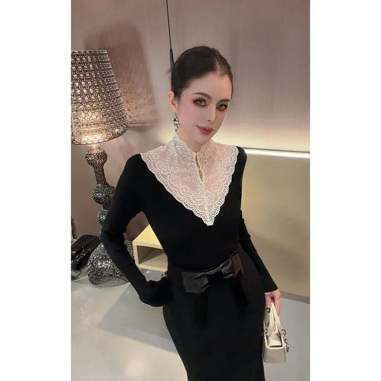 （羊毛-不串色-一衣多穿）半高领蕾丝拼接针织长袖上衣CS31461