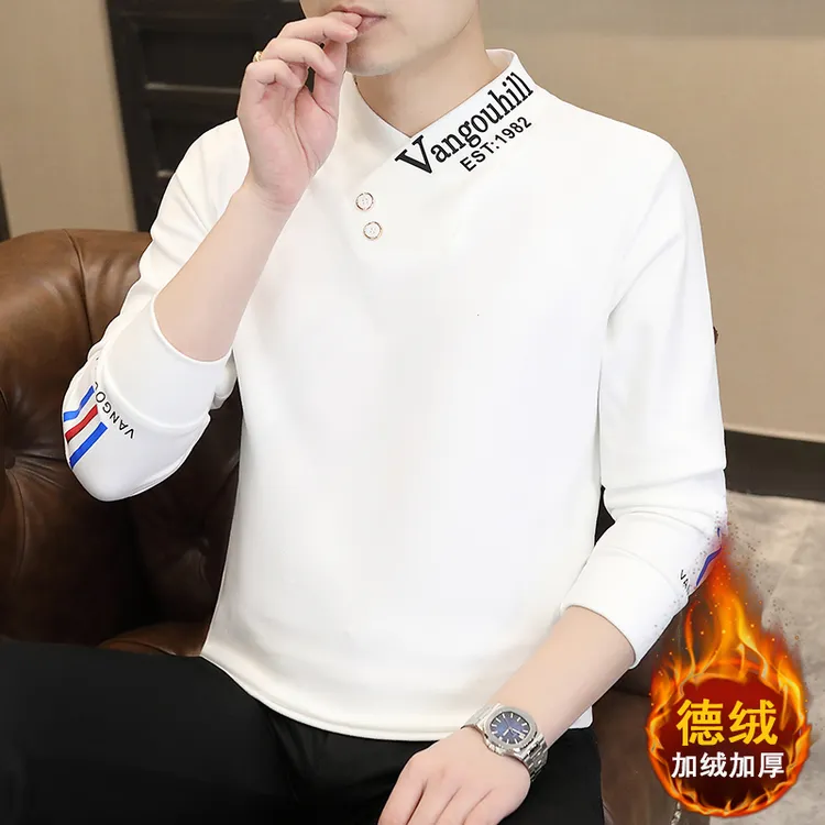 2024新款男士半高领假两件德绒打底衫中领卫衣修身长袖保暖上衣男