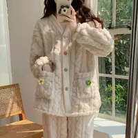 法兰绒睡衣女长袖长裤加绒保暖花朵暖暖套甜美家居服两件套装001