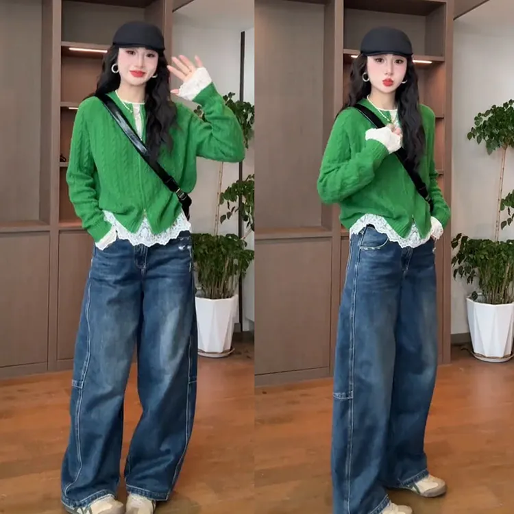 流行穿搭一整套2025新款复古百搭蕾丝上衣针织开衫牛仔裤三件套潮