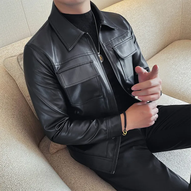高级感皮衣夹克外套男韩版修身春秋商务休闲时尚百搭机车皮夹上衣